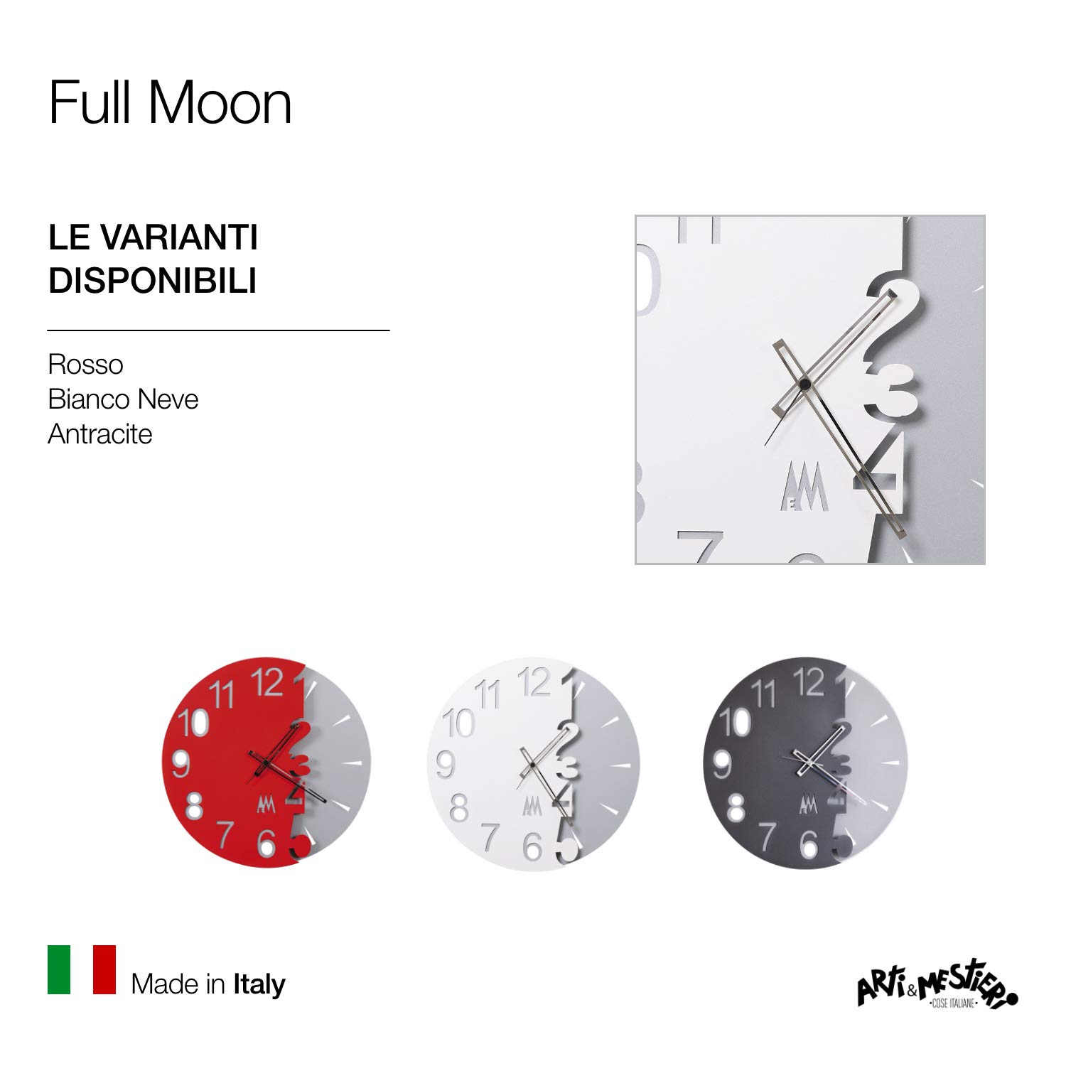 Arti & Mestieri Full Moon - Orologio da Parete di Design 100% Made in Italy - in Ferro, Diametro 50 cm - Bianco Neve