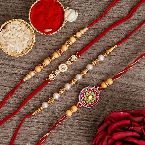 Image of eCraftIndia Set of 4 Rakhi Combo Hamper | Red Golden & White Beads Pearl Diamond Designer Rakhis