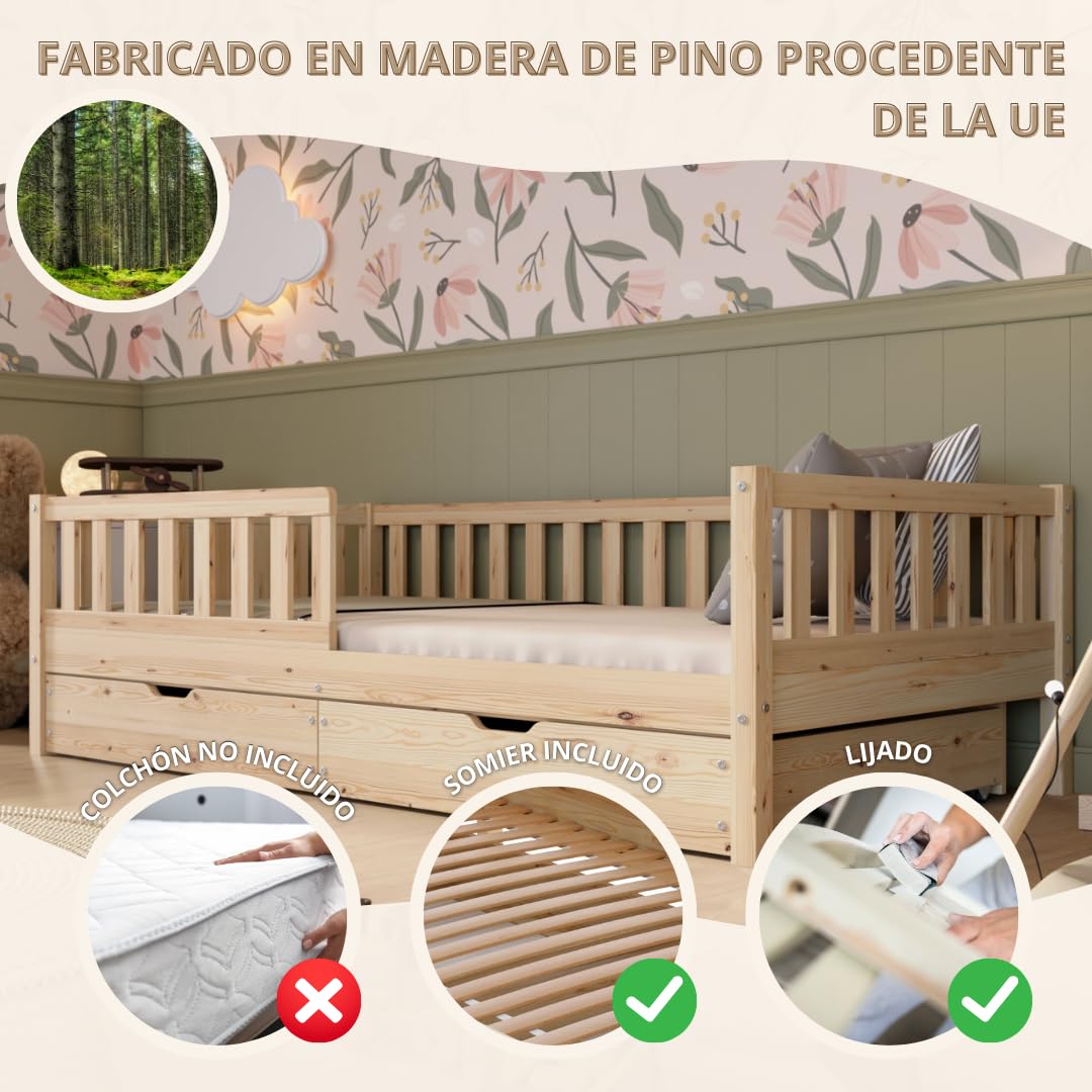 Cama Montessori 190x90 cm - Cama Infantil Fácil de Montar - Camas Infantiles Segura niños y niñas - con Protección contra Caídas - Madera Natural con Cajones