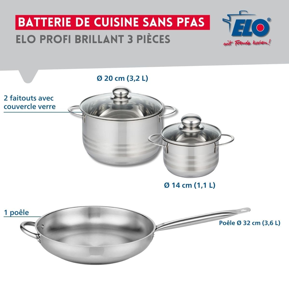 Elo Batterie cuisine poêle 32 cm et 2 faitouts 14/20 cm