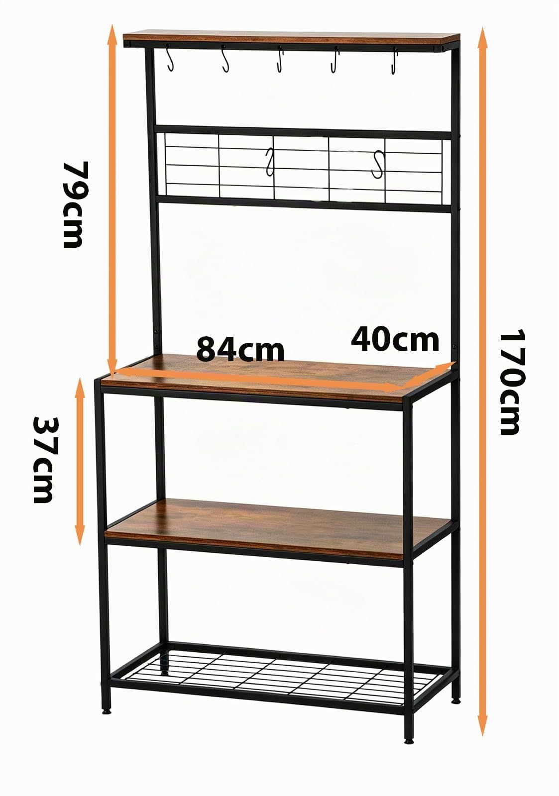 BIGTREE Küchenregal, Standregal mit 4 Ablagen, Mikrowellenständer aus Holz, Bäckerregal mit Metallgestell und Gitterplatte, 7 S-Haken, 84 x 40 x 170cm
