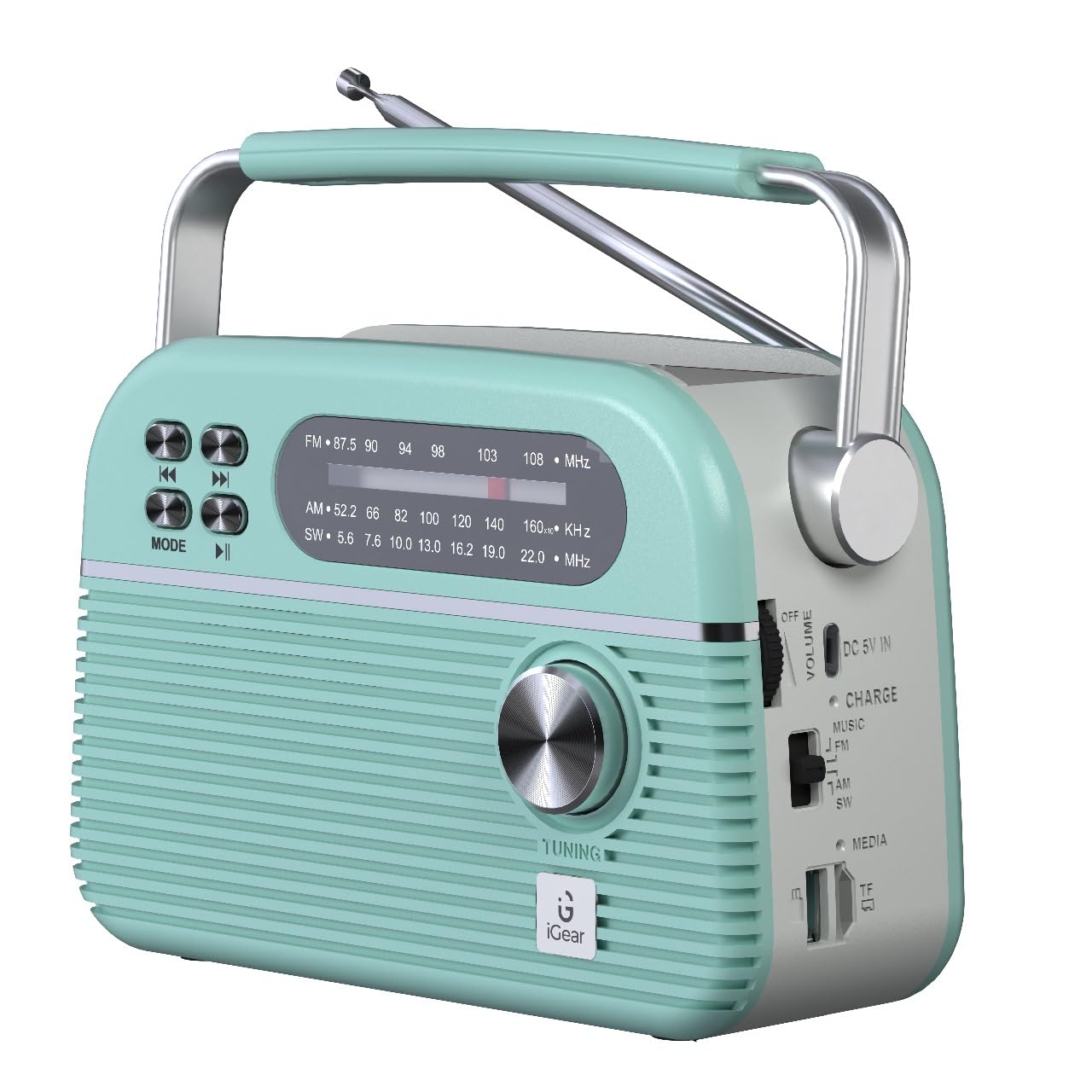 Trinity Solar-Powered MP3 Player & 3-Band Radio with FM/AM/SW, Retro Modern Style, Bluetooth, USB, TF/SD Card, 1200 mAh Rechargeable Battery, Solar Charger, 1 Year Replacement Warranty (Blue)