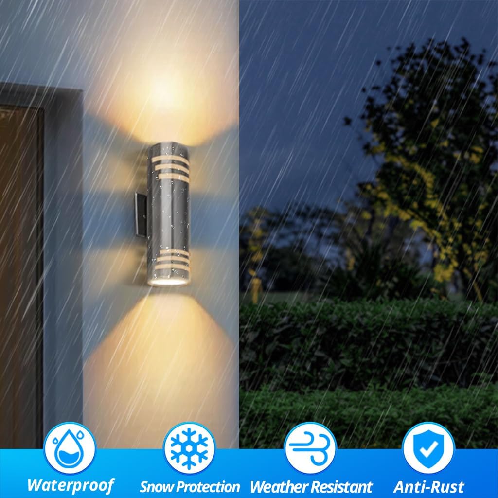 SHIMR Dusk to Dawn Outdoor Wall Light, Exterior Light Fixture Stainless Steel, Outdoor Sconce Lights Cylinder, Waterproof Up and Down Light Wall Mount Electroplated Silverl Finsh, LED Bulbs Include