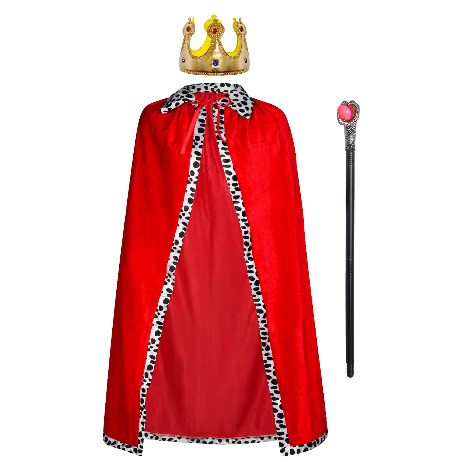 jerbro 3pcs Royal King Robe Queen Velvet Coat Costume + King Queen Crown + Sceptre for Women Men Halloween Adult Theme Party Theatre Fancy Dress Cosplay Carnival Fancy Dress