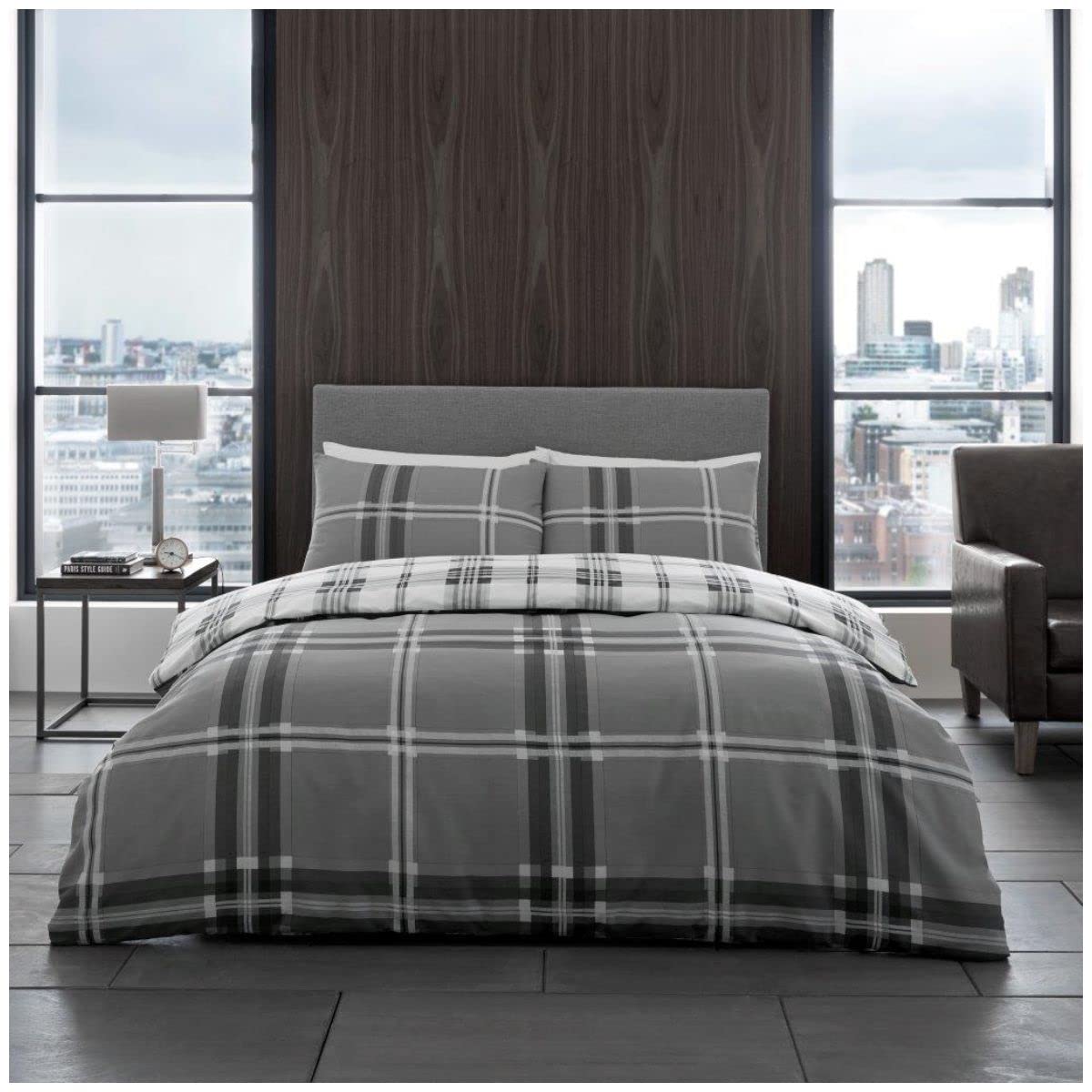 Gc Gaveno Cavailia Bardsley-Grey Tartan Duvet Cover, Checkered Bedding Double Bed Set, Luxury Reversible Polycotton Quilt Cover, Grey