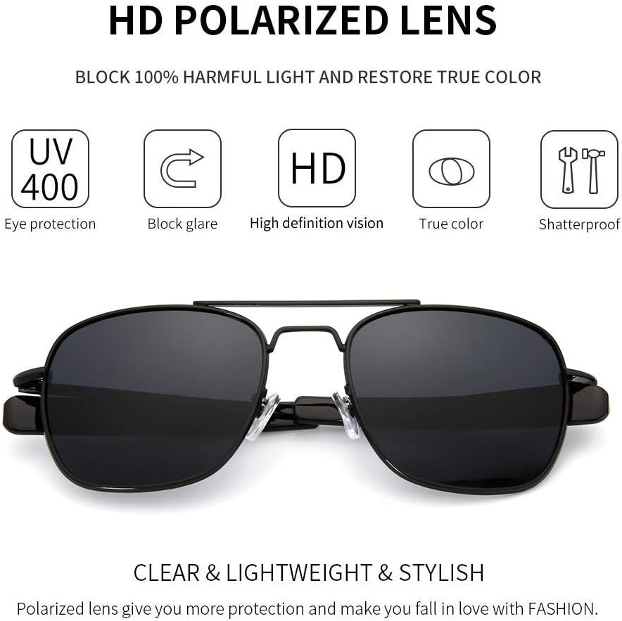 IOHLNG Mens Aviator Sunglasses Polarized 55mm Pilot Military Square Shades with Bayonet Temples - Image 3