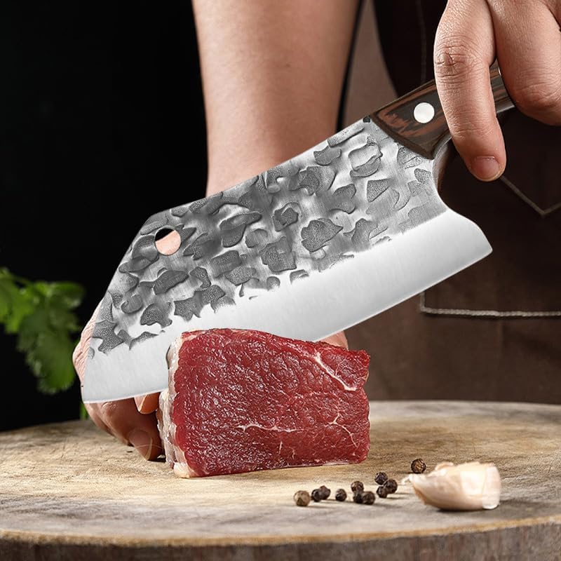 Meat Cleaver,Cleaver Knife 7 Inch Professional Butcher Meat Cleaver Knife Wood Handle Hand Forge Blade Slicing Fish Meat Kitchen Knives
