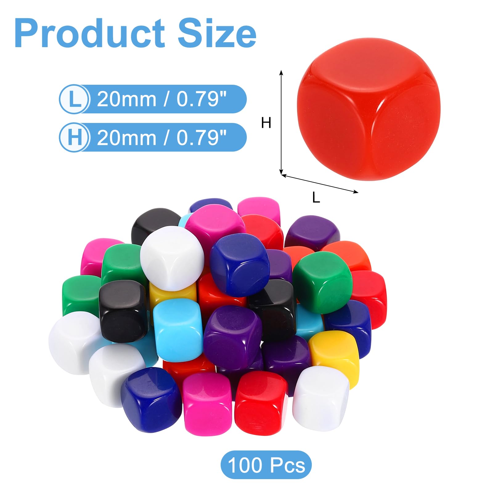 sourcing map Lot de 100 dés vierges arrondis à six faces en acrylique avec surface lisse pour jeux de société, loisirs créatifs, 10 couleurs 20 mm / 0.8in