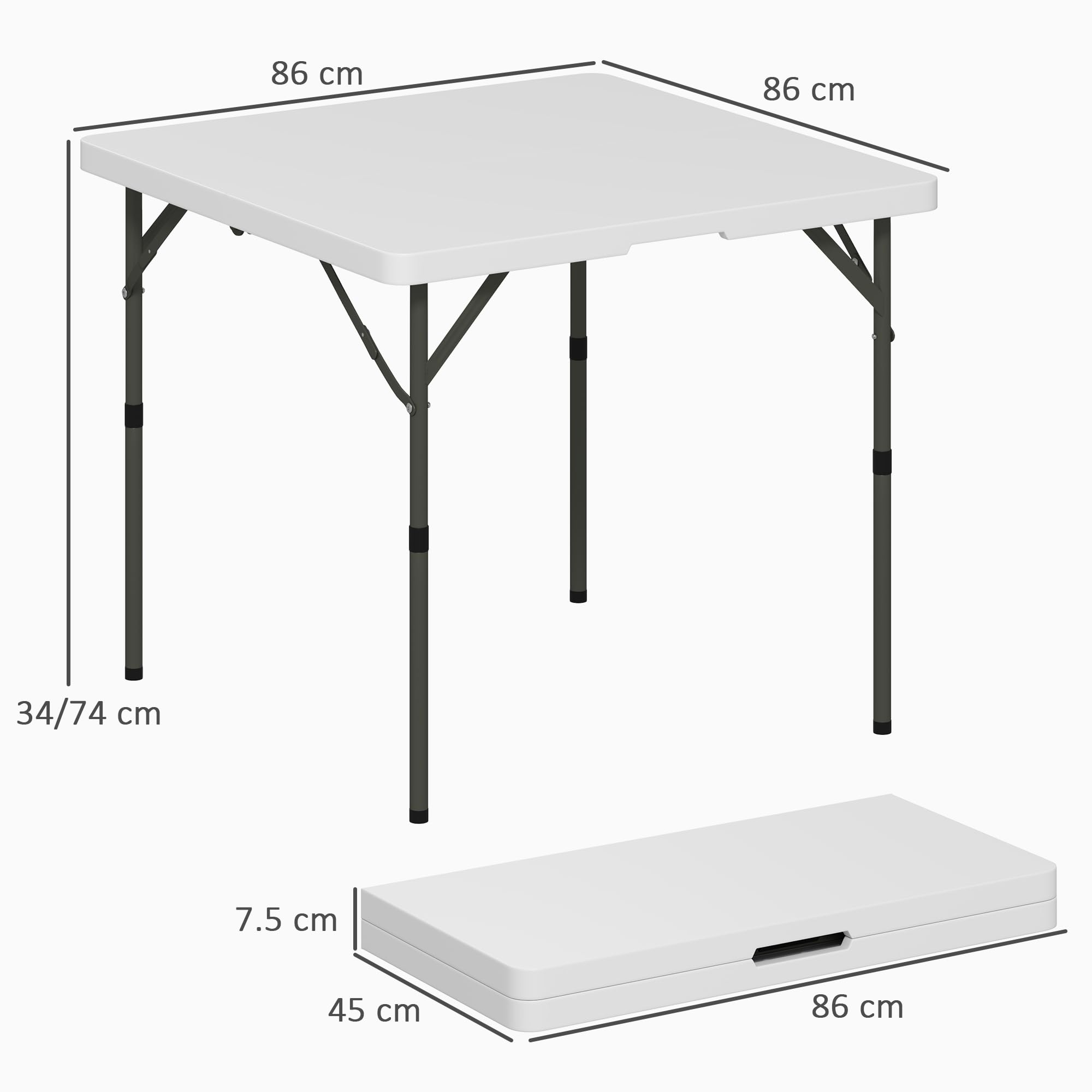 Outsunny Tavolo da Campeggio Pieghevole 86x86x74 cm Bianco HDPE e Metallo 2 Altezze Regolabili