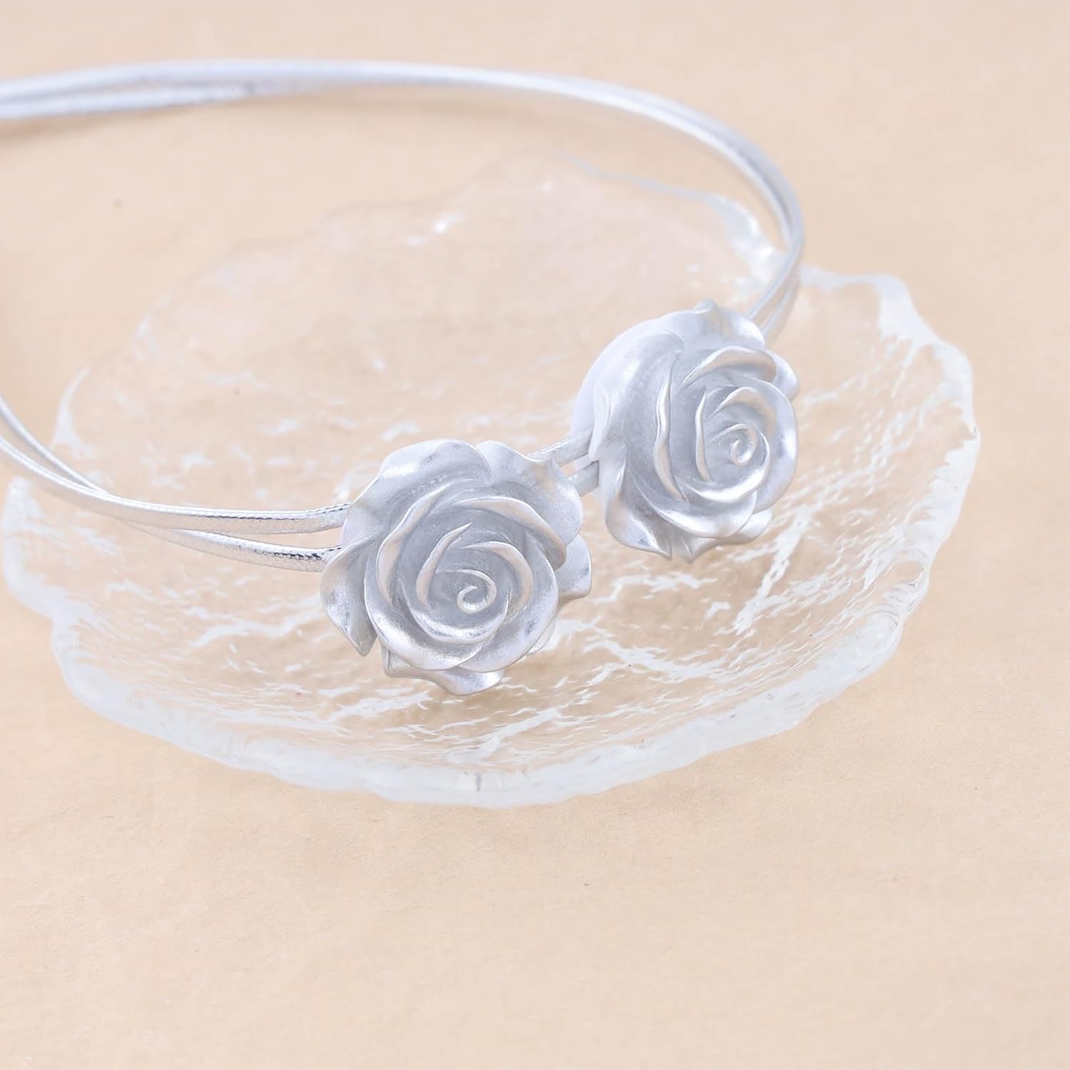 Vintage Silver Rose Flower Choker Necklace Fabric Rose Collar Necklace Short Silver Cord Necklace Silvery Rose Thin Cord Necklace Jewellery for Women - Image 6