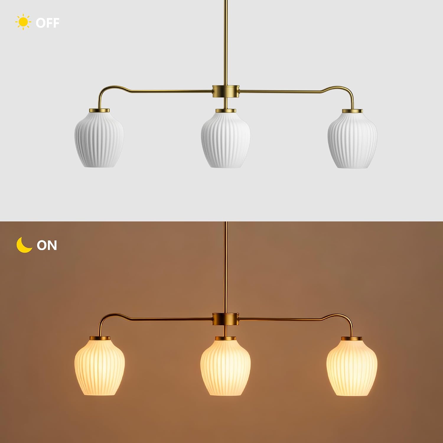 Maxax 36" Modern Gold Chandelier, 3-Light Linear Pendant Light with Ribbed White Glass Shades, Mid Century Brass Hanging Light Fixture for Kitchen Island, Dining Room, Living Room, Bedroom