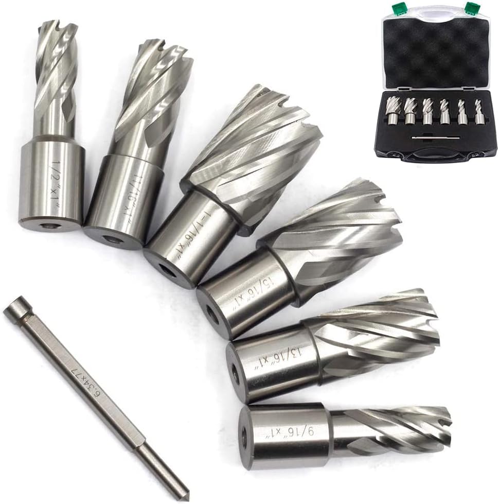 OSCARBIDE Annular Cutter Set 7 Pieces 3/4" Weldon Shank 1"Cutting Depth,1/2 to 1-1/16 inch Diameter,2 Flats Annular Cutters HSS Mag Drill Bits Kit for Magnetic Drill Press with 1 Pieces Pilot Pin