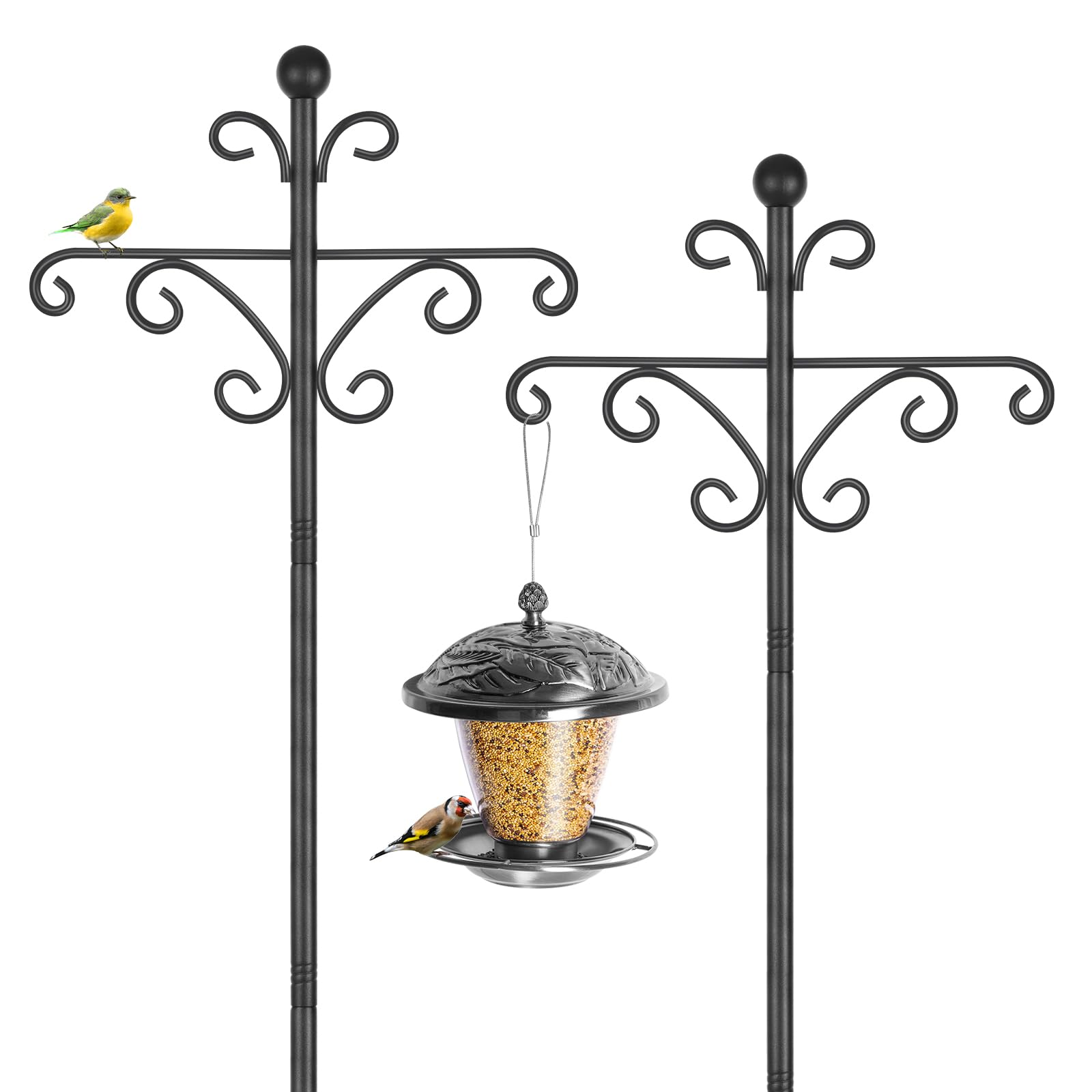 2 Pack Bird Feeder Pole, 196cm Wild Bird Feeders Hanging Station, Free Standing Feeding Station for The Garden, Heavy Duty Metal Double Shepherds Crooks Hooks for Lights Stand Hangers, Black โ image 1