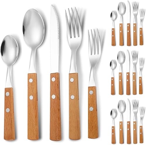 Miniatura 8 de Juego de 20 cubiertos de acero inoxidable con mango de madera maciza para 4 personas, cuchillo para carne, cuchara de postre (oscuro)