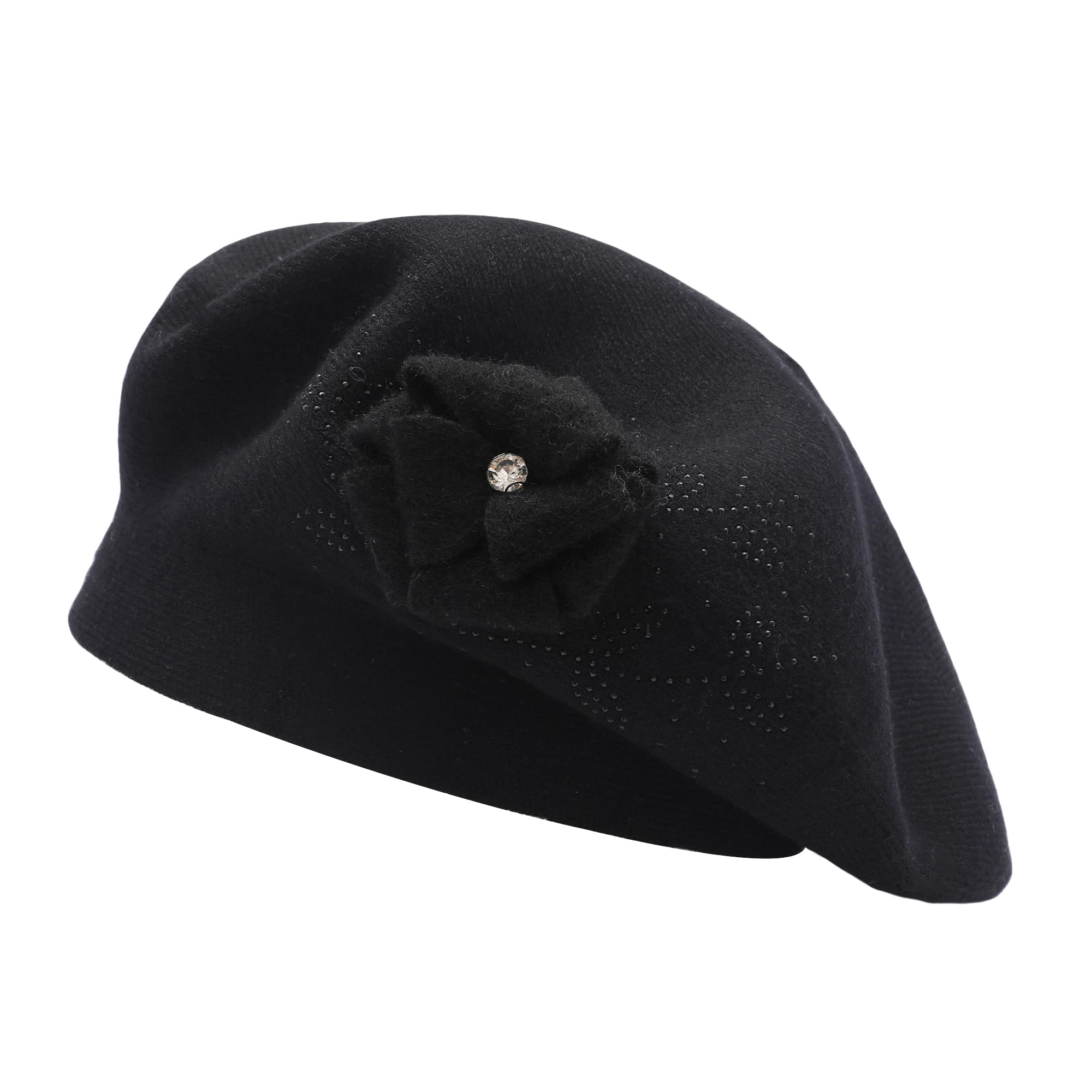 ZLYC Women French Beret hat Reversible Solid Color Floral Warm Knitted Beret Cap(Plain Black),One Size