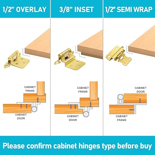 Miniatura 2 de Bisagras de gabinete de 38 pulgadas de latón dorado, paquete de 50 (25 pares) bisagras de cierre automático para puertas de gabinetes, herrajes para