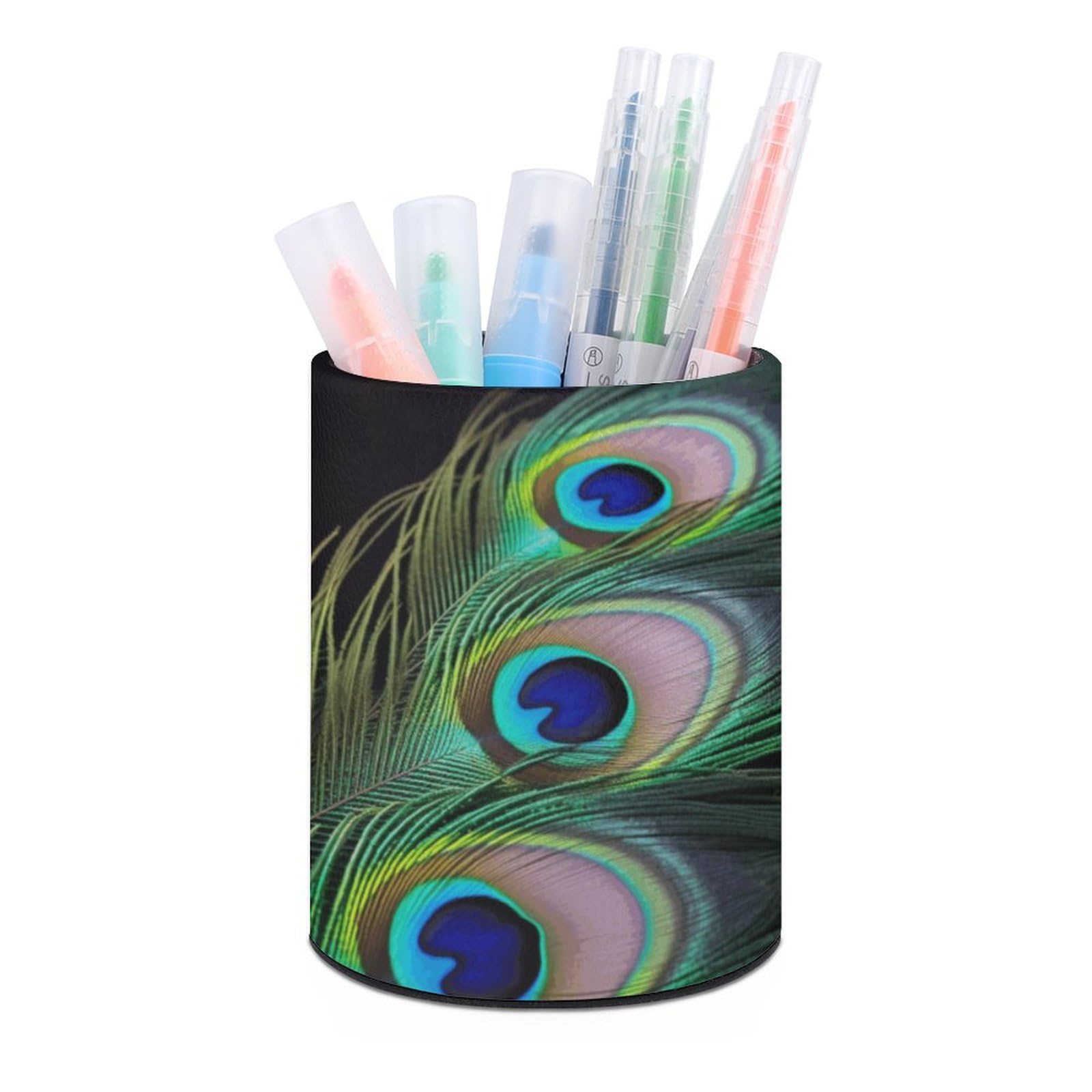 NONHAI Lether Pen Holder for Desk, Green Peacock Feather Pencil Holder Organizers for Desktop, Pencil Cup Stationery Organizer for Office Desk Accessory, Square Makeup Brush Srotage Box Pencil Caddy