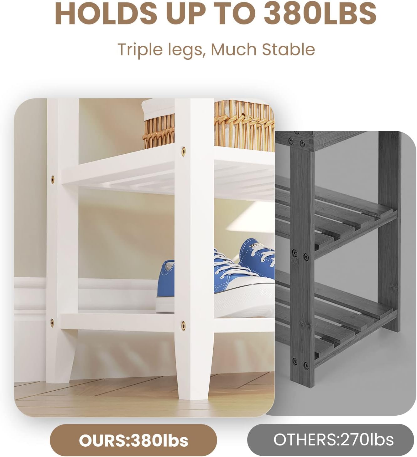 SEIRIONE Shoe Bench with Storage, Solid Bamboo Shoe Rack Bench, Shoe Storage Bench with Leather Cushion, 3 Tier Shoe Bench Entryway with Storage, Holds Up to 380 lb, 23.6 inch Wide, White