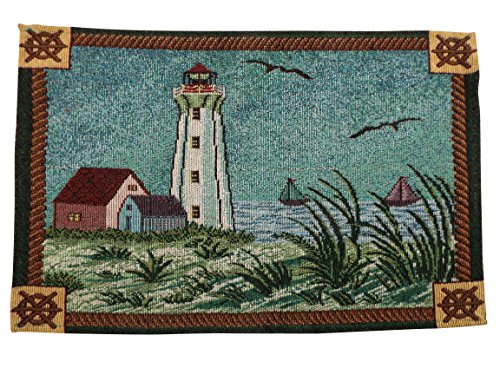Bristola Home Designs Lighthouse Tapestry Table Placemats- Set Of 4- Trope Border Design With Sailboat And Sea Creatures Accents- 13 X 19 Inches #TOP3