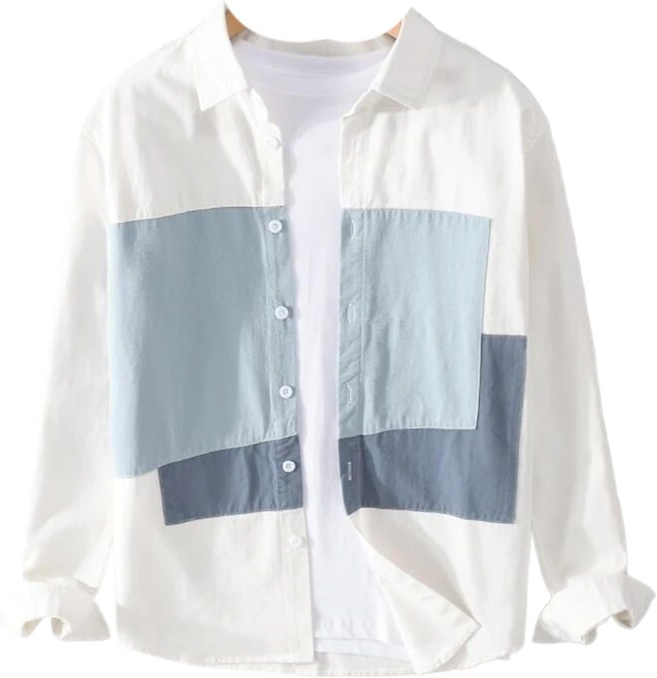 Long-Sleeve Cotton Shirt Men Casual Patchwork Comfortable Tops