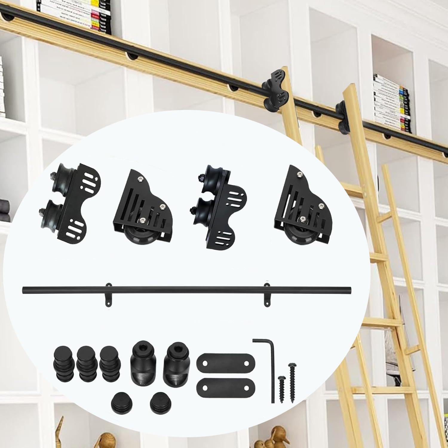 Kit de hardware de escalera de biblioteca rodante telescópico - deslizamiento con rodillos de piso para almacenamiento vertical, sin ocupar espacio de piso - fácil de instalar,10ft/3m Track Kit