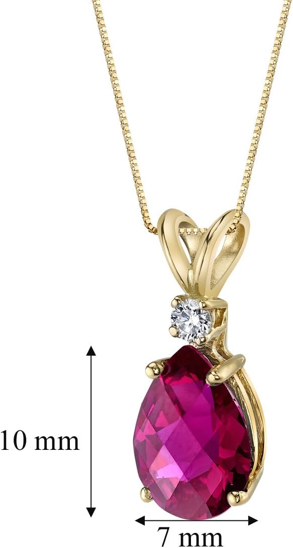 PEORA 14K Yellow Gold Created Ruby with Genuine Diamond Pendant for Women, 2.50 Carats Pear Shape 10x7mm, AAA Grade, Hypoallergenic Solitaire, Valentines Gift for Women, Sparkling V-Day Gift