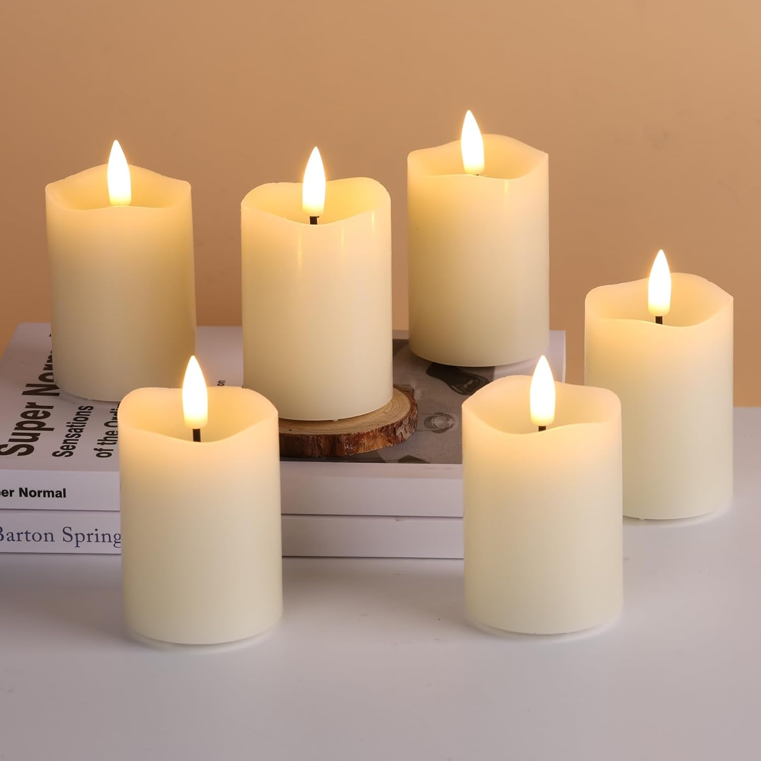 Eywamage Timer Flameless Votive Candles 2 inch x 3 inch , Flickering Small LED Pillar Candles Batteries Included, Ivory Christmas Home Decor 6 Pack with 5 hours timer - Image 7
