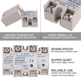 SSR-40DA Solid State Relay DC to AC (Input 3-32V DC Output 24-380V AC) with Heat Sink, 40A