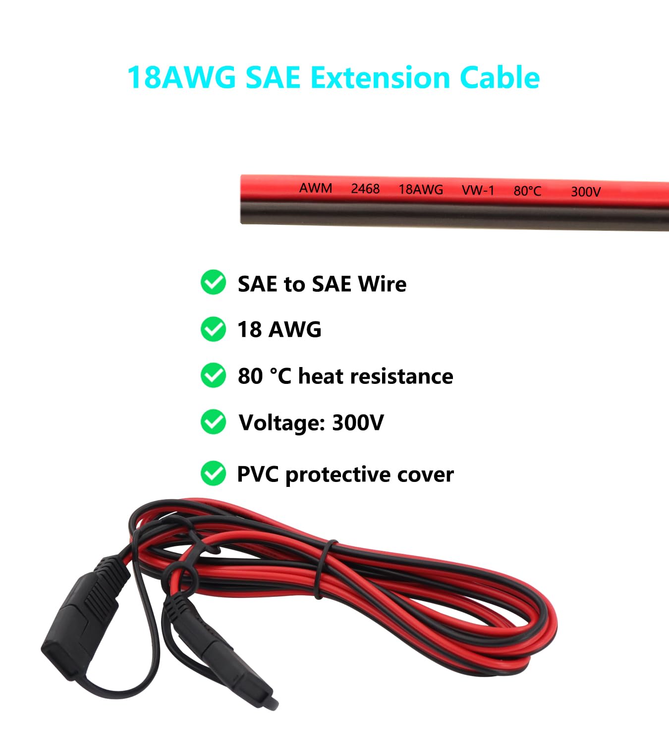 Câble D’extension SAE 18AWG – Pour Panneau Solaire, Voiture, Moto, Onduleur – 2 Mètres, Avec Adaptateur