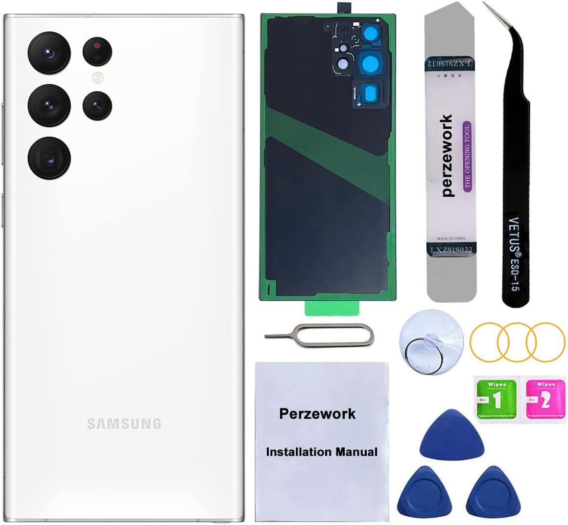 Perzework OEM Rear Back Glass Replacement Compatible with Samsung Galaxy S22 Ultra 6.8 inches 5G with Reparing Toolkit and Manual (Phantom White)