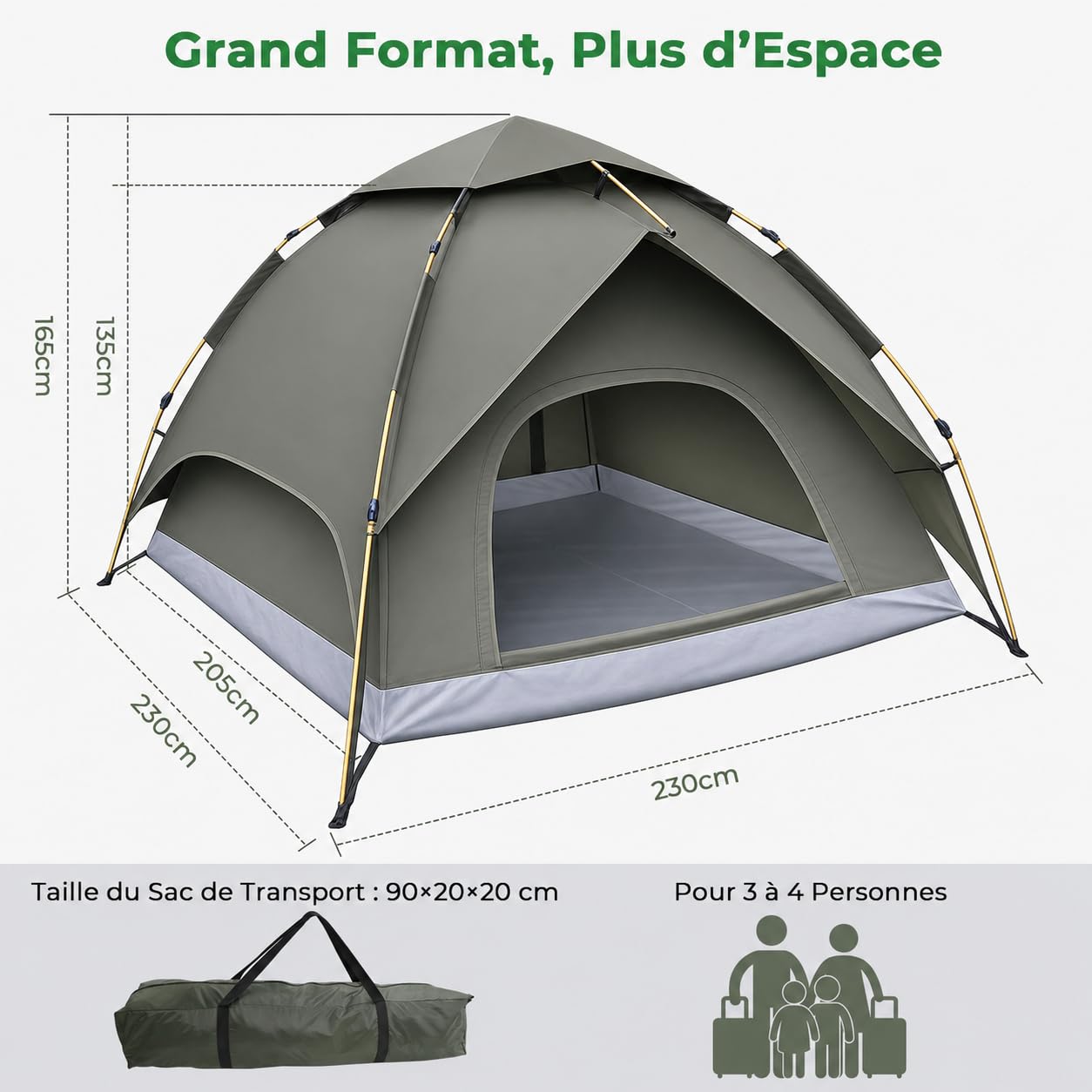 Tente de Camping pour 3 Personnes, Tente dôme à Montage Rapide avec Toile extérieure Amovible, Toile intérieure 205x205x135cm, imperméable et Coupe-Vent, pour Camping, randonnées à Moto et Festivals