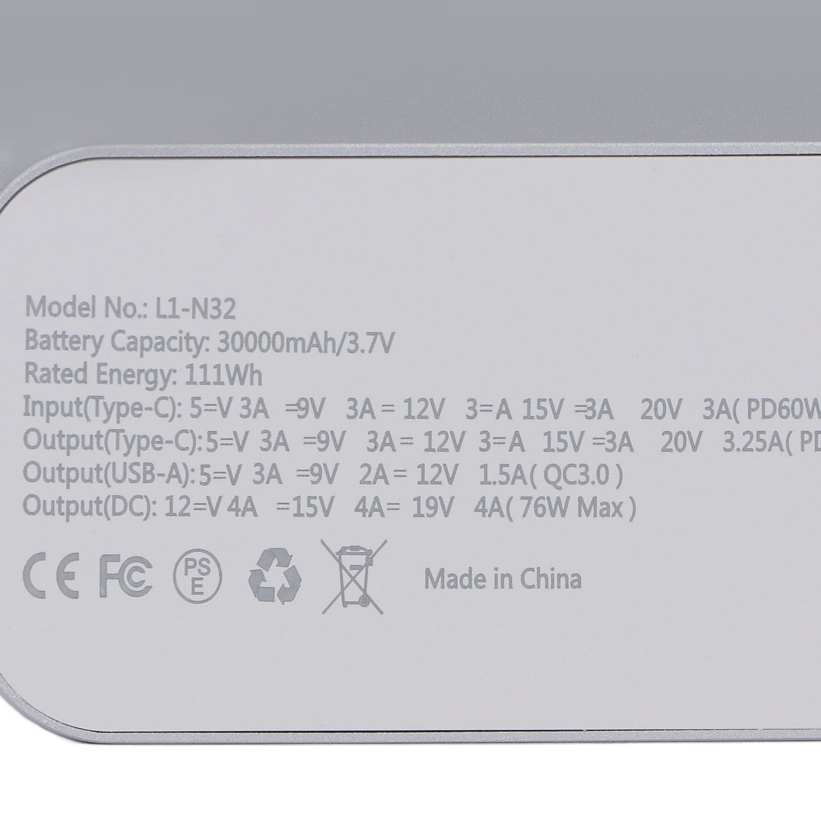 Powerbank 30000mAh, Szybka Przenośna ładowarka PD ze Stopu Aluminium, Przenośny Powerbank 65W z 12V, 15V, 19V 3 Przekładniami Napięciowymi dla 'a, Telefonu z Androidem