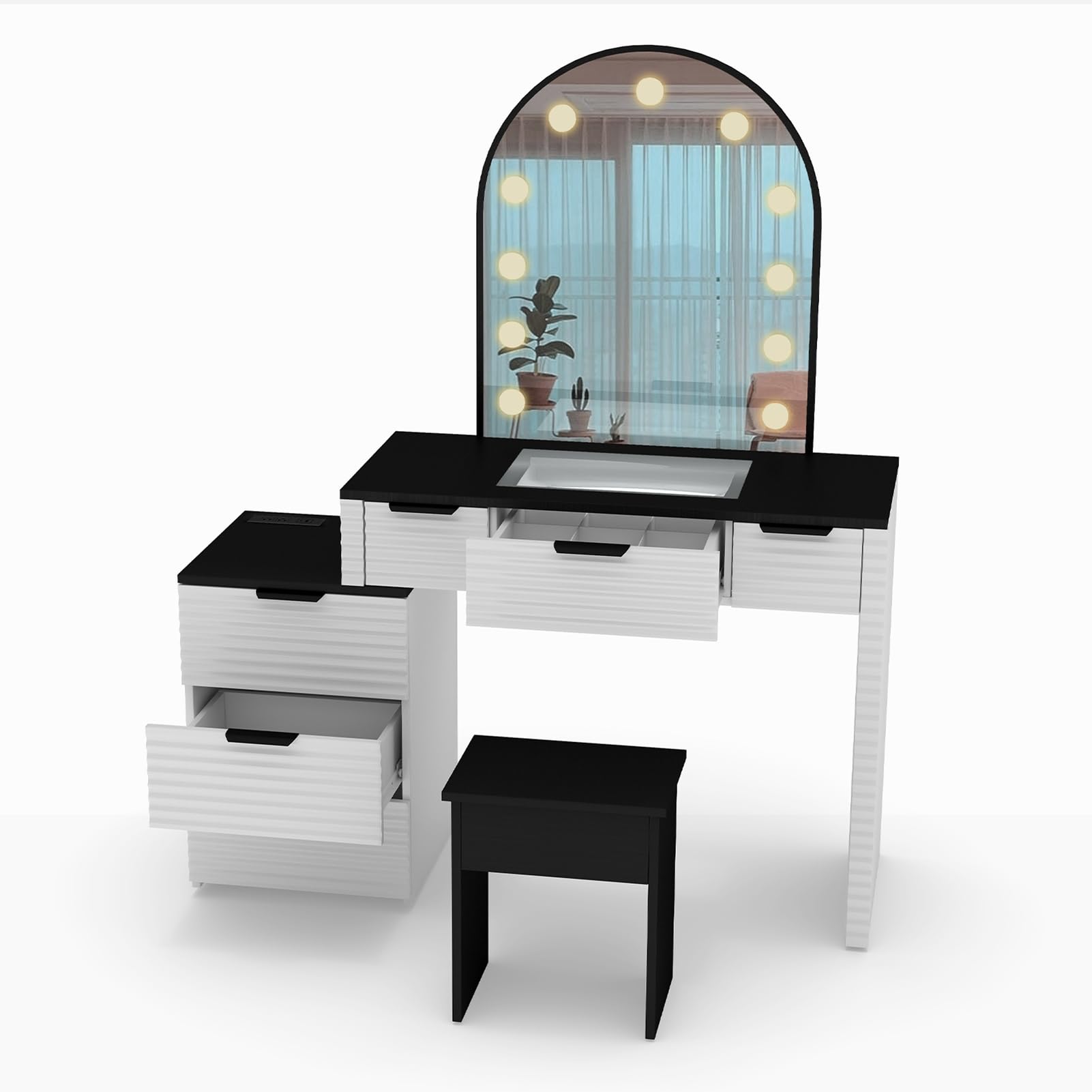 LIZEALUCKY Modern Makeup Vanity Desk with LED Mirror Lights, Glass Top Vanity Table with Storage Drawers for Bedroom (White2)