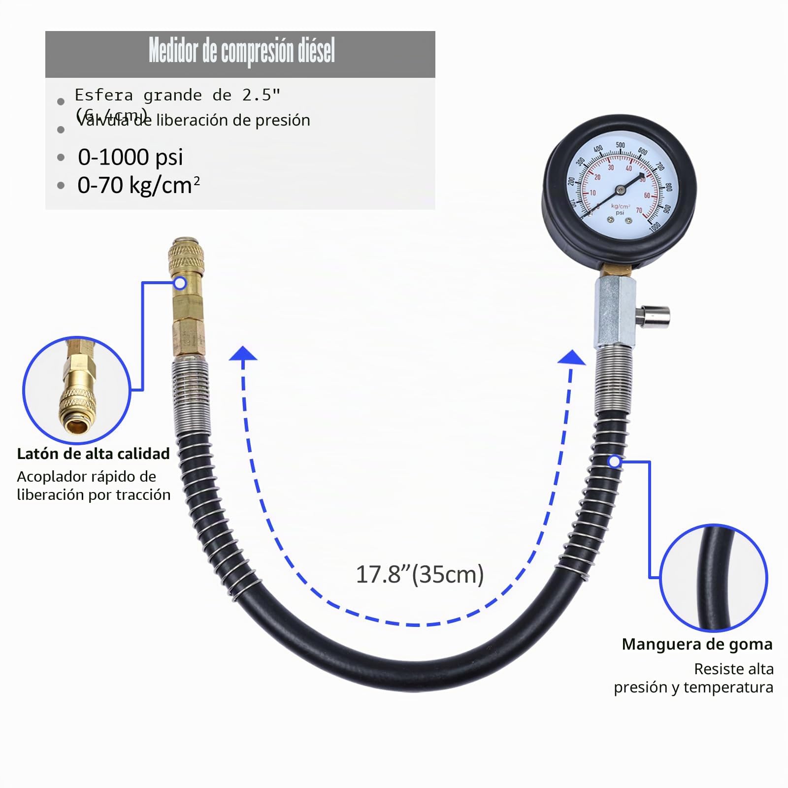FreeTec Comprobador Compresión Motor Diésel, 1000 psi 70 bar Probador de Compresión Diésel, Herramientas Prueba Manómetro Medidor de Presión Cilindro para Motor Directo e Indirecto TDI CDI