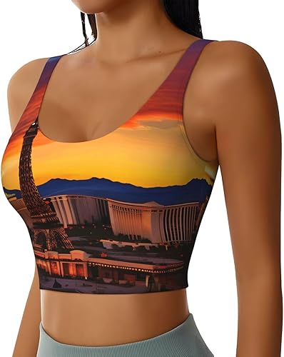 Las Vegas Sunset Print Women's Sports Vest with Removable Pads Soft Comfortable for Running Yoga Gym(Black,Large)