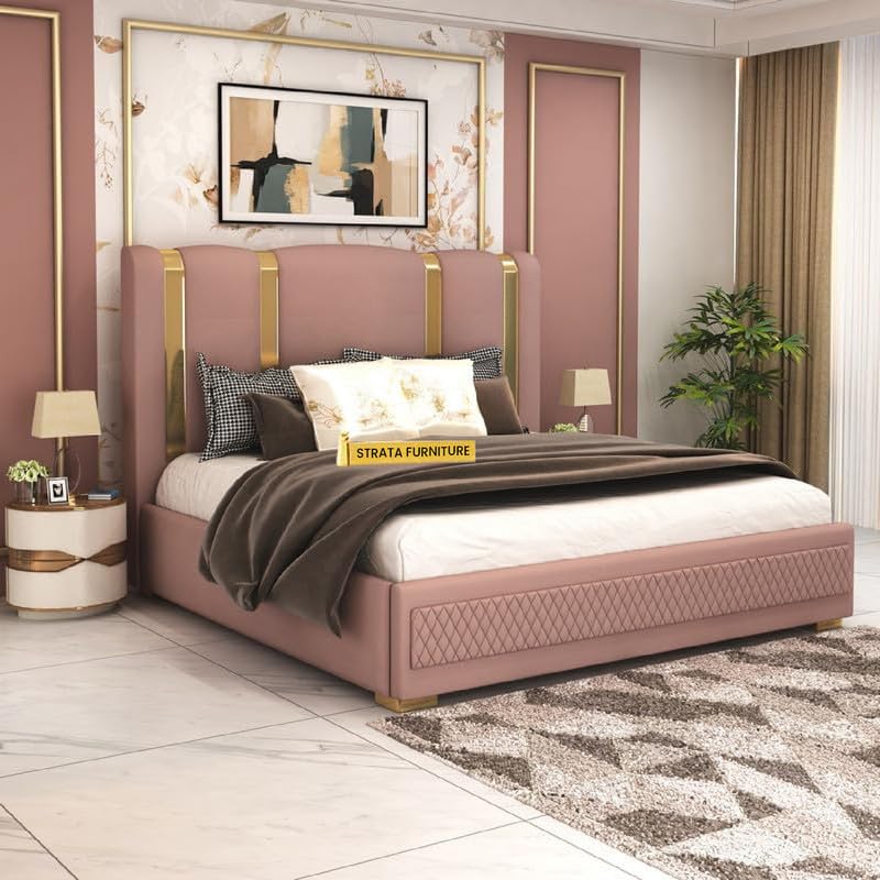 Image of STRATA FURNITURE Solid Wood King Size Bed with Box Storage and Upholstered Headboard | Modern Wooden Double Bed Cot Palang Furniture for Bedroom, Hotels, Living Room, and Home (Onion Pink)