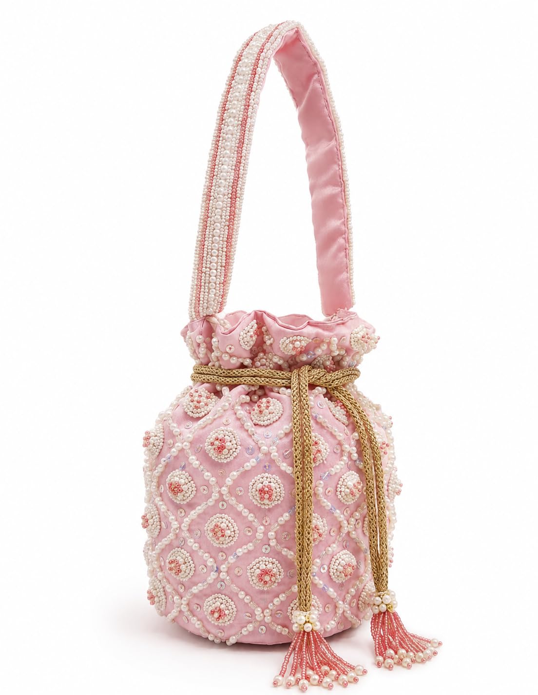 Pink Potli Bag, Pearl Beaded Sequin Embellished, Drawstring Closure, Ethnic Style-image-43