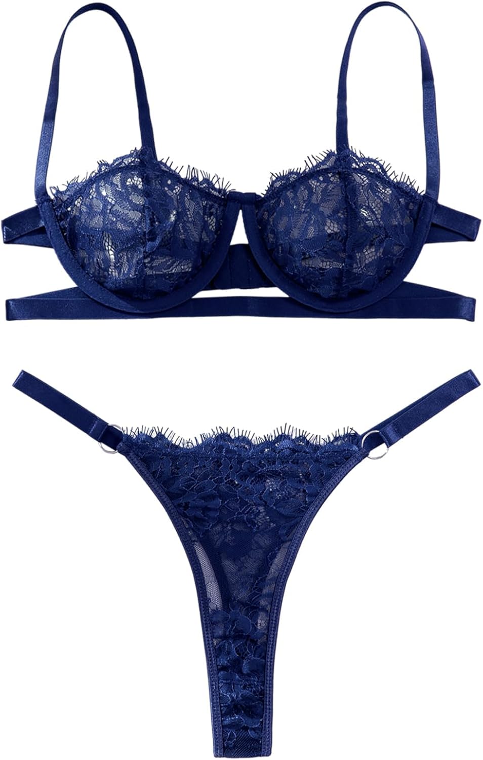 Lilosy Sexy Eyelash Underwire Floral Lace Sheer O Ring Linked Cutout Lingerie Set