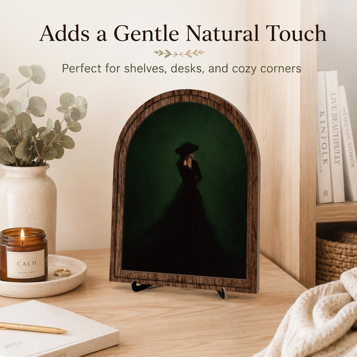 Gothic Woman Umbrella Arched Wood Decor, Vintage Dark Wall Art, 8 x 10 Inch image 2