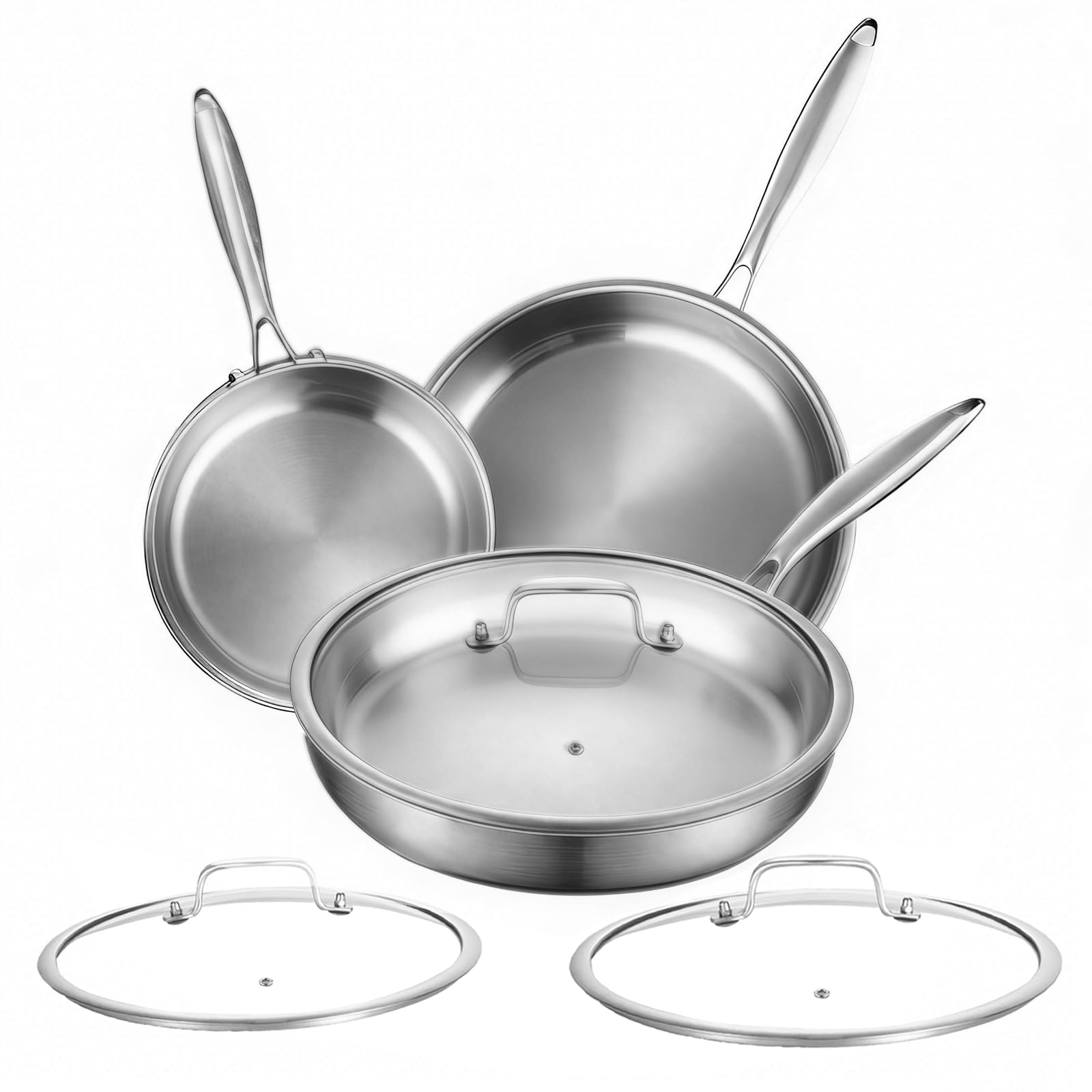 Tri-Ply Stainless Steel Pan Set, 22/26/30cm Frying Pans with Lids, Induction Hob & All Stoves Compatible, Fast Heating, Heat Retention, Energy Efficient