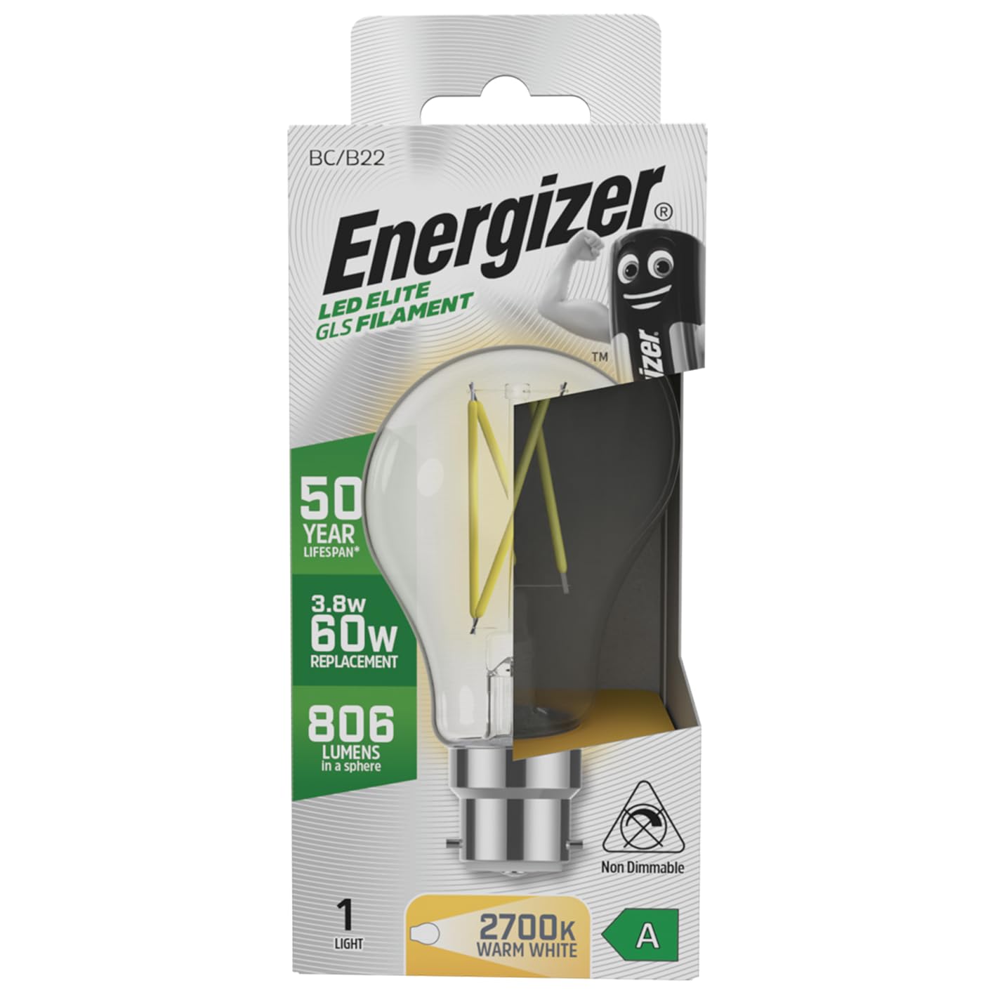 Energizer A Rated LED Elite GLS B22 Filament 806lm 3.8W 2700K - Warm White Light Bulb