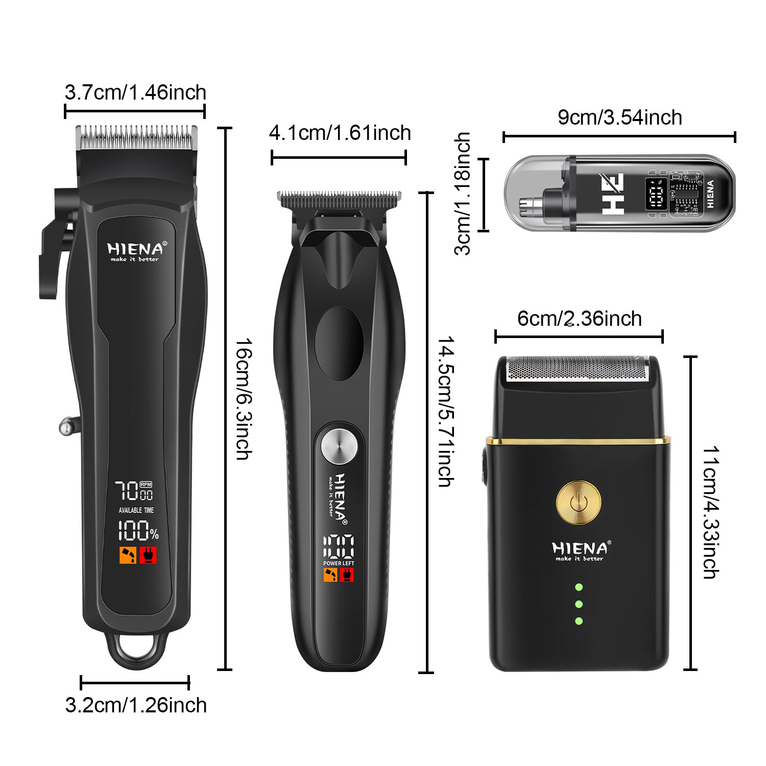 HIENA PRO Tondeuse à cheveux pour homme, sans fil, tondeuse à barbe, rasoir à lames, tondeuse à nez, kit complet de rasage et de coupe de cheveux électrique