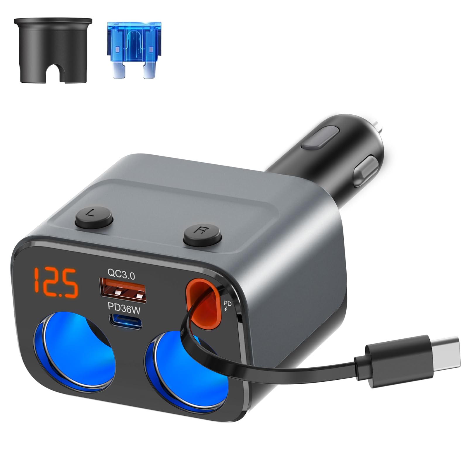 Retractable Car Charger, 180W 2-Socket Cigarette Lighter Splitter QC 3.0 and PD36W and Retractable PD 30W Lightning Cable with Separate Switch LED Voltmeter Replaceable 15A Fuse for GPS/Dash Cam/Phone