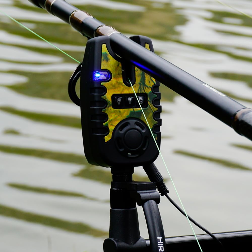 Hirisi Tackle Detector de picada de carpa con radio, mando a distancia (receptor de radio), con función de linterna, sensibilidad ajustable, volumen y pitido, juego de alarma de picada