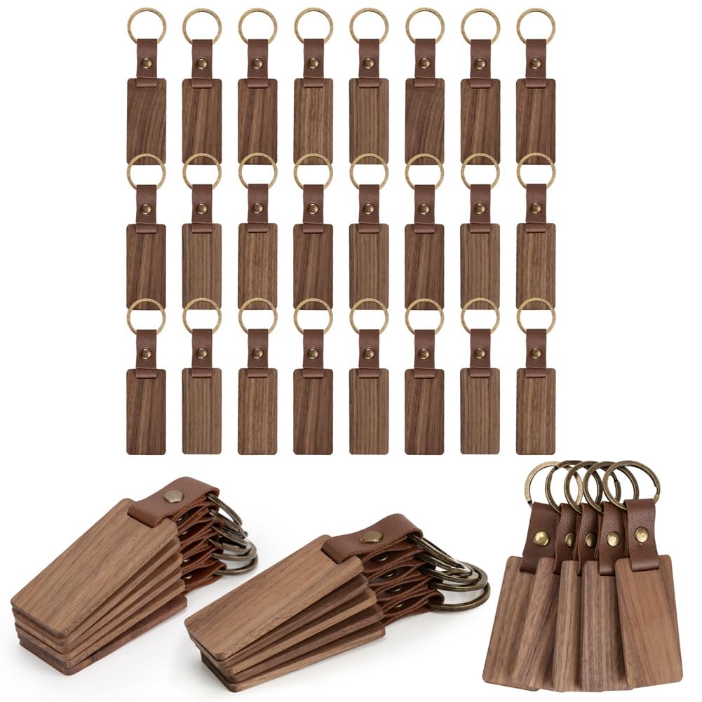 CTRLZS 40 Pieces Wood Keychain Blanks with Leather Straps, Blank Leather Keychains for Engraving, for DIY Various Key Tags