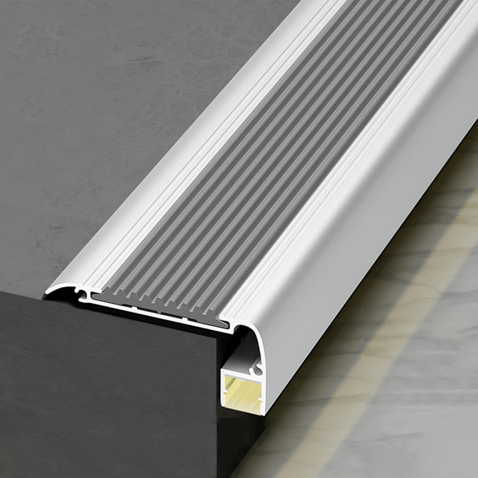 Profil Schodowy Listwa Schodowa LED z Wymiennym Paskiem Gumowym, Osłona Stopnia w Kształcie Litery L ze Stopu Aluminium, Zaokrąglony Stopień Schodowy do Stopni Drewnianych Płytek(Gray)