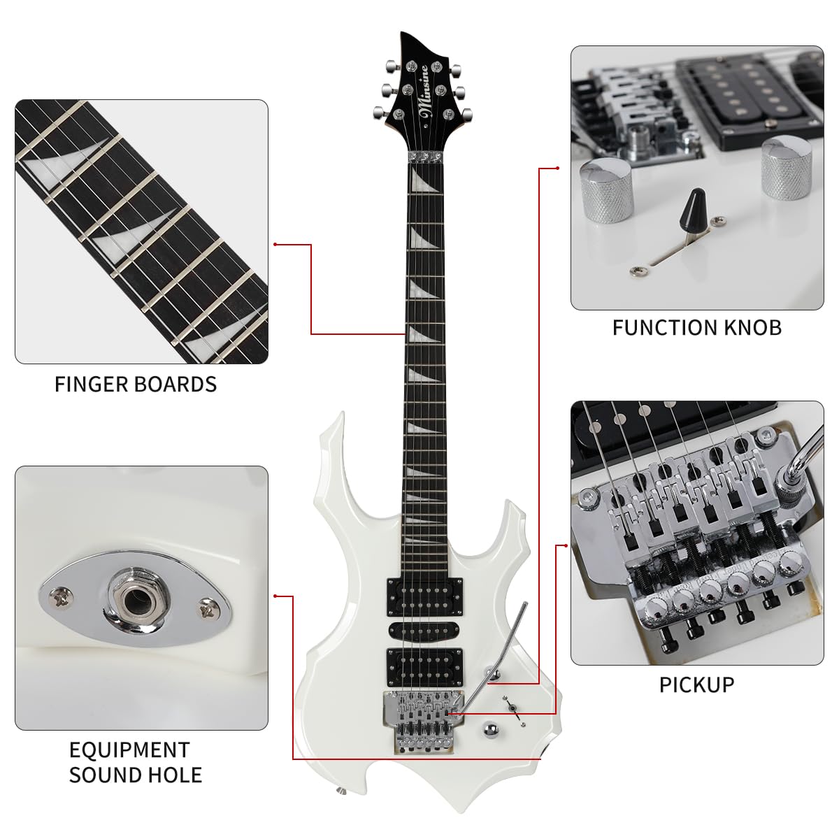 Chitarra elettrica per adulti principianti entry rock Tuta professionale con borsa, plettro, cavo, accordatore e tracolla. (bianco)