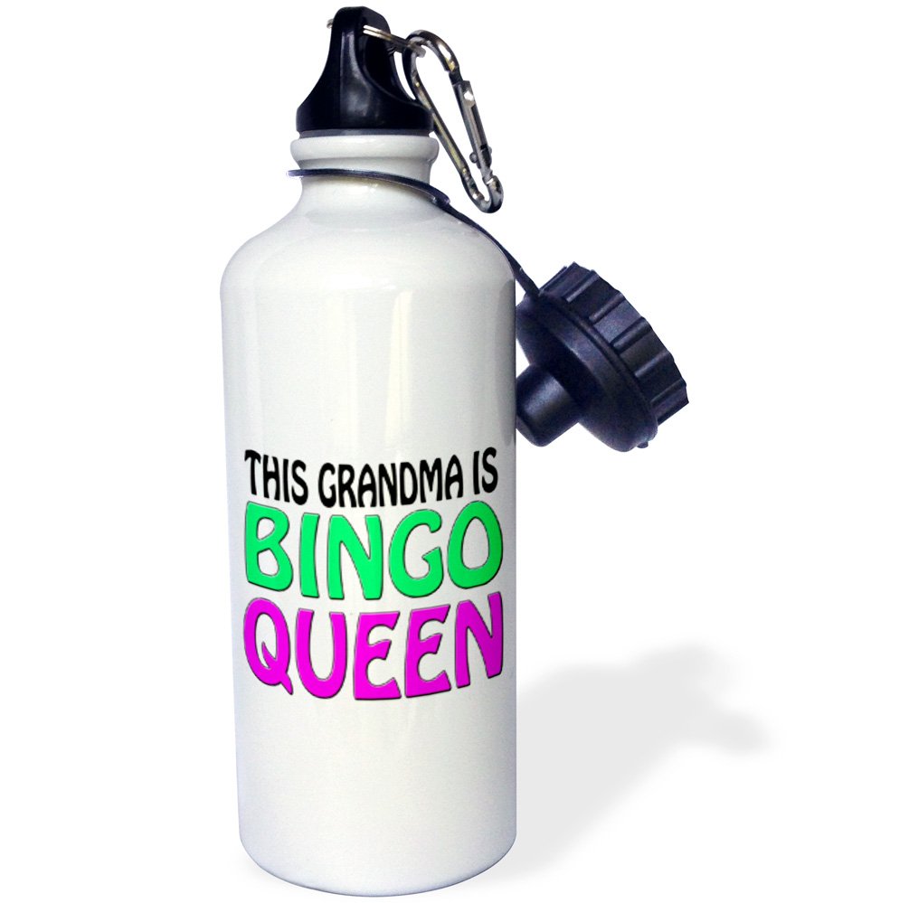 3dRose "This grandma is bingo queen, Hot pink, Lime green, " Sports Water Bottle, 21 oz, White