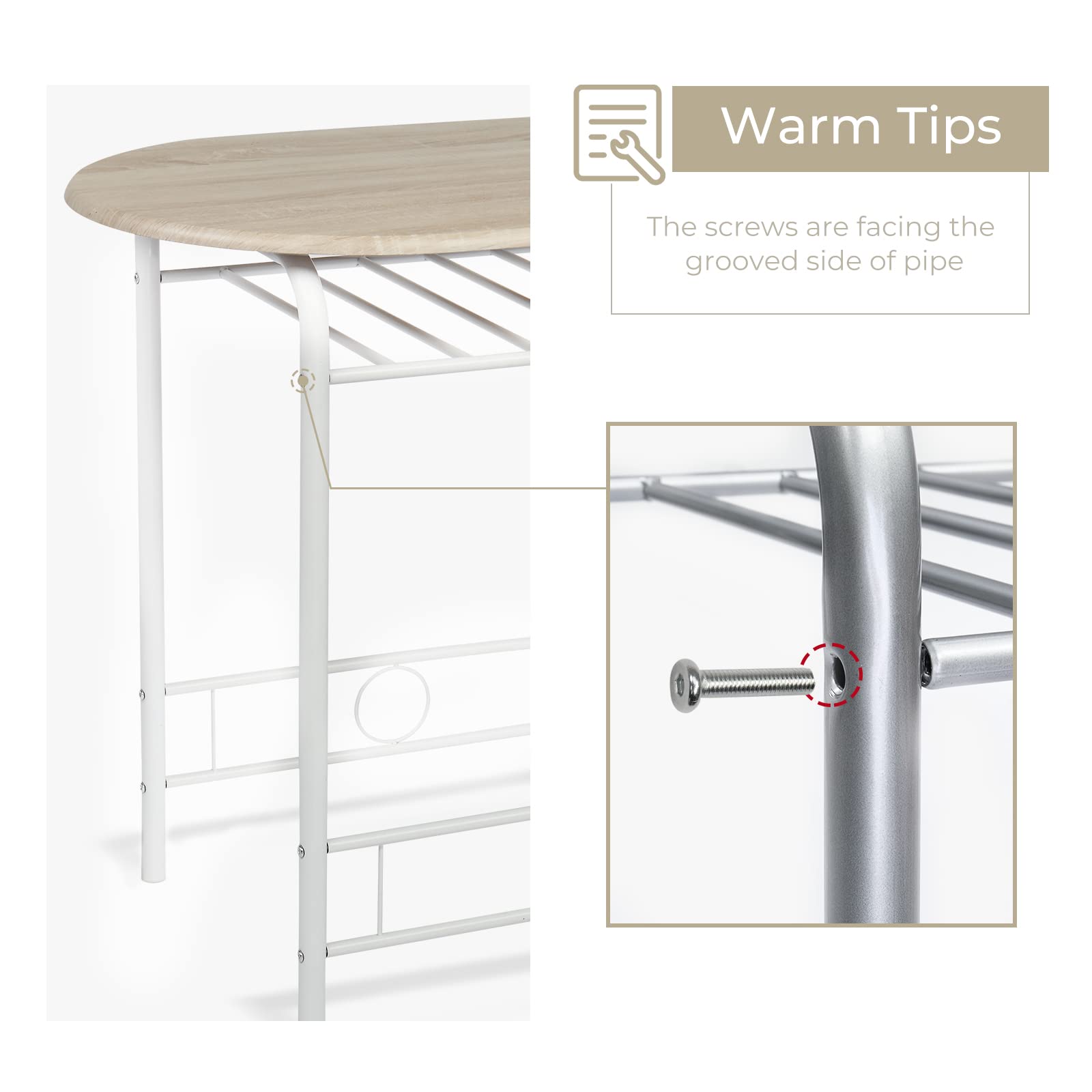 Bonnlo Esstisch Oval für 2 Personen mit Ablagefach, Küchentisch Klein mit 2 Stühlen, Dining Table Set Esszimmertisch Essgruppe Balkontisch für Küche Balkon Esszimmer (Eiche-Weiß)