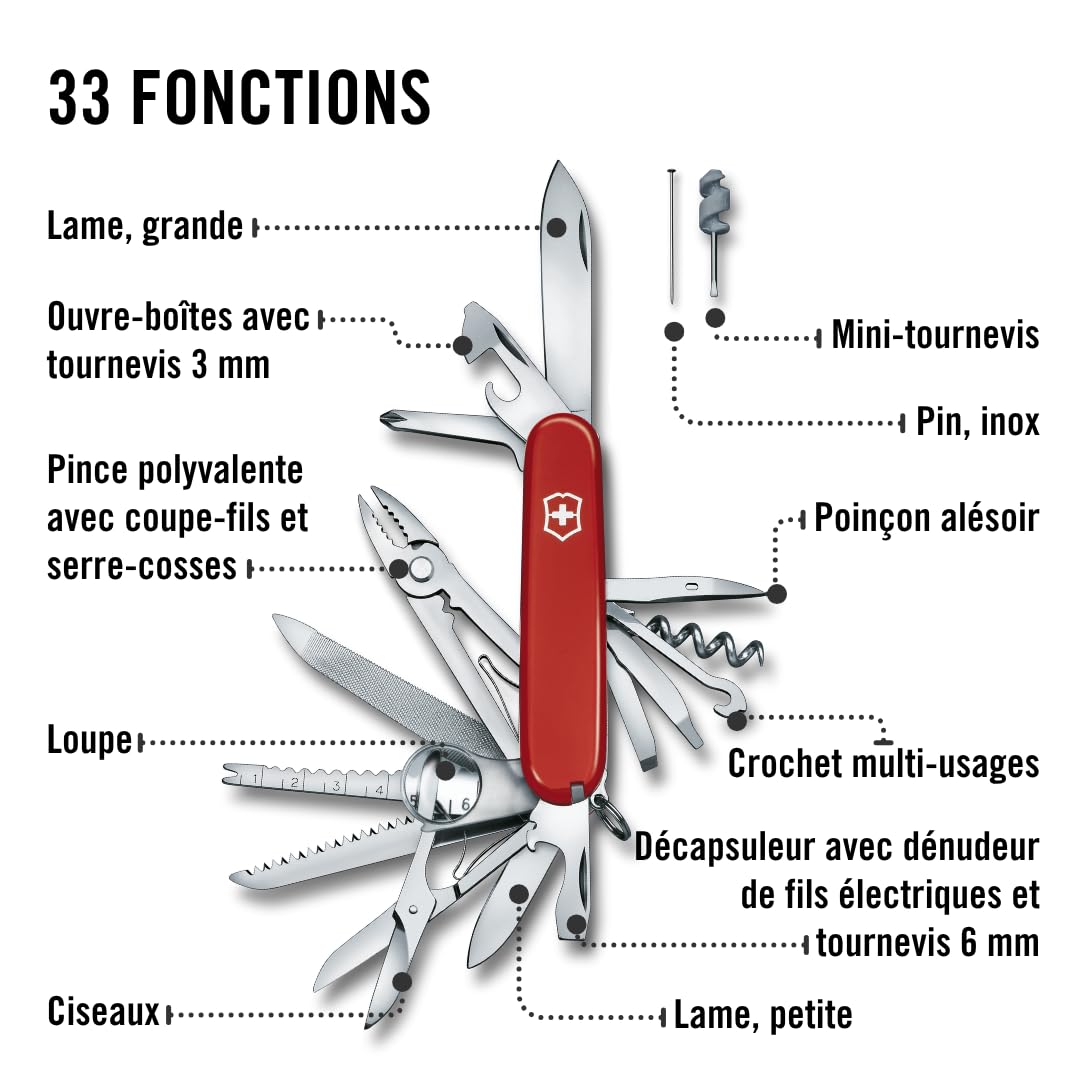 Victorinox Swiss Champ, Swiss Army Knife, Couteau de Poche Suisse, Léger, Multitool, 33 Fonctions, Lame, Ciseaux, Tire Bouchon, Rouge